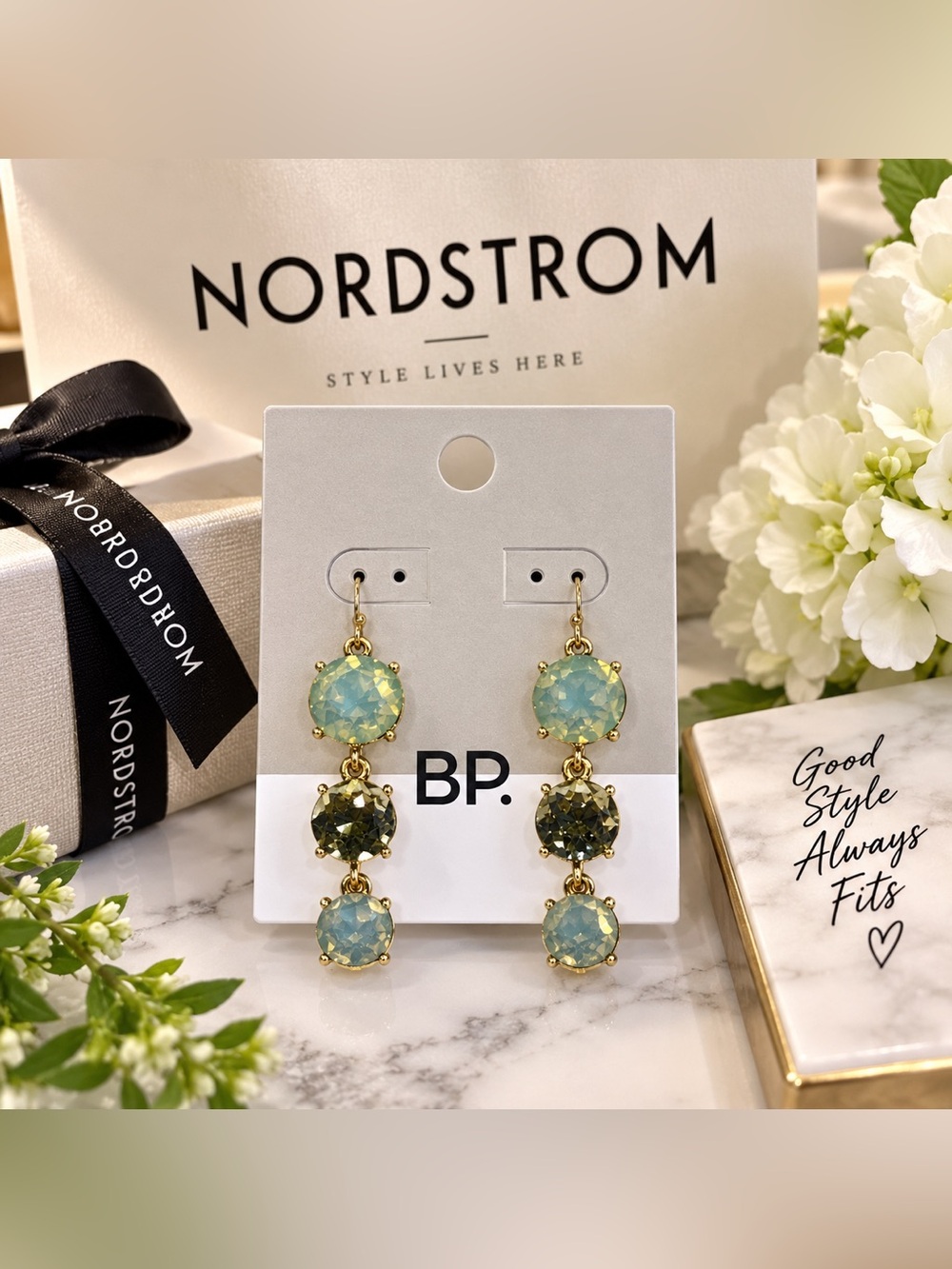 BP. Blue & Olive Faceted Statement Drop Earrings – Gold Tone – New